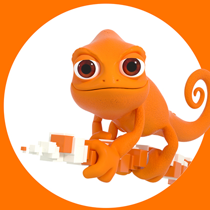 Capture de la vidéo Lerany avec la mascotte, un caméléon stylisé orange et souriant sur une branche.